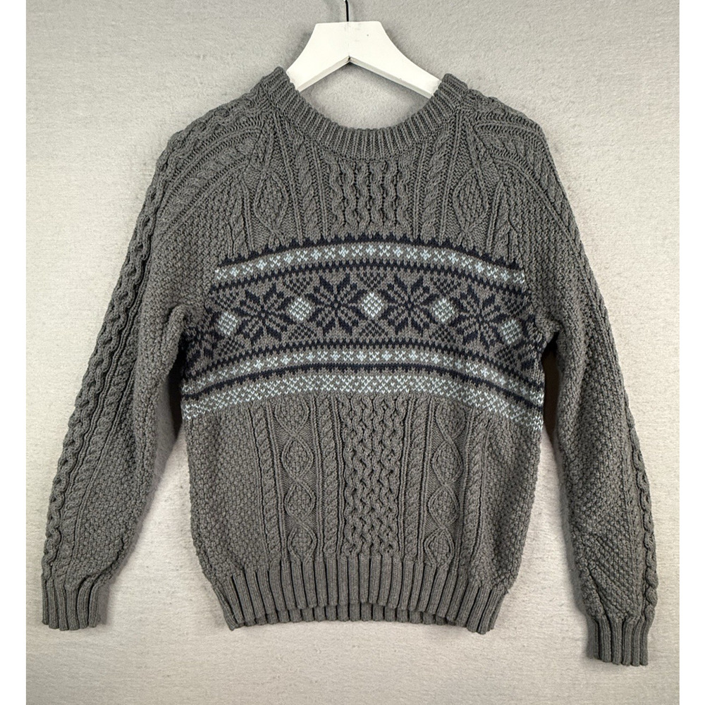 LL Bean Signature Fair Isle Sweater Men's S M Cotton Cable Knit Fisherman Chunky
